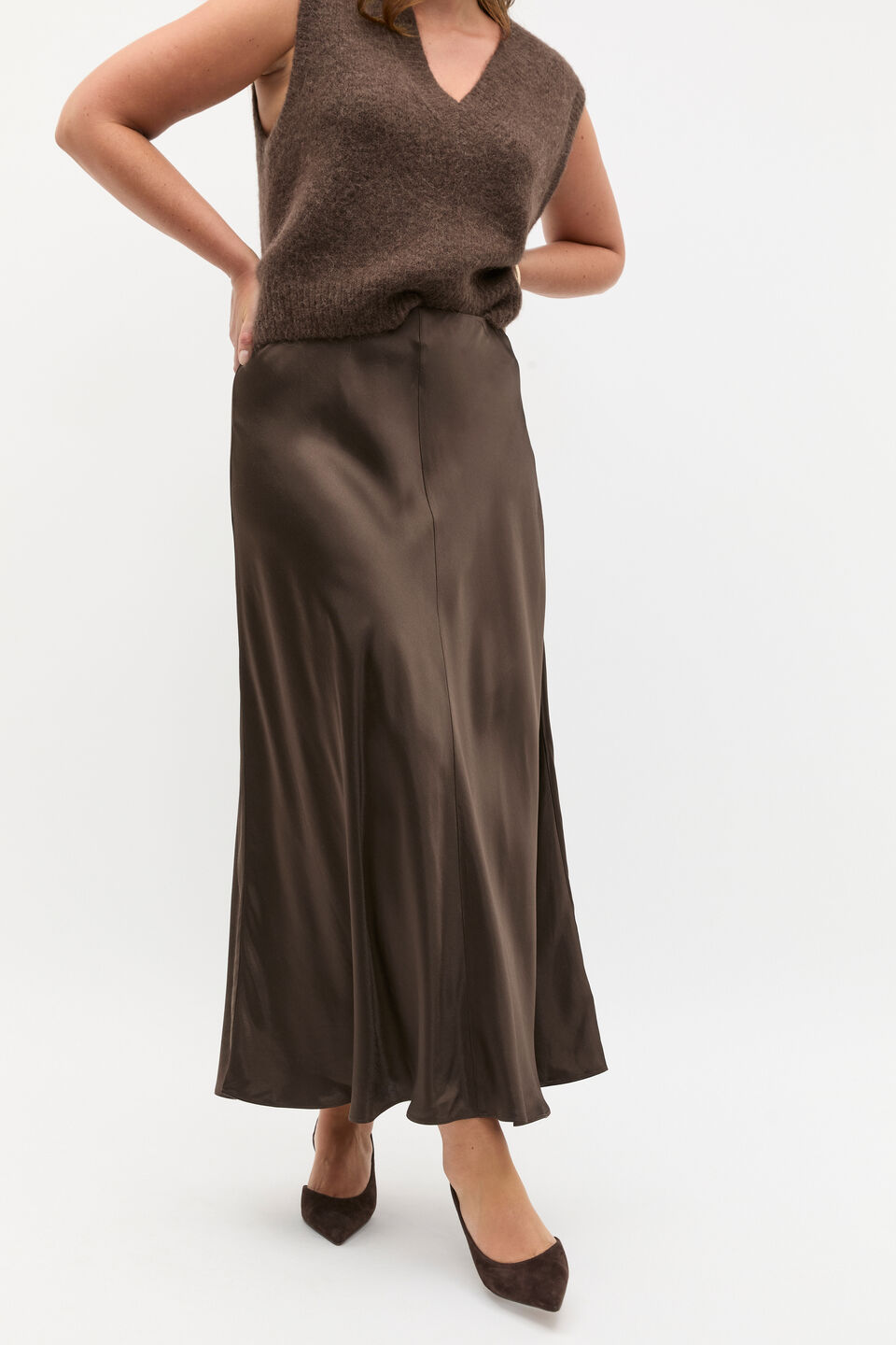 Satin Midi Swing Skirt  Dark Espresso