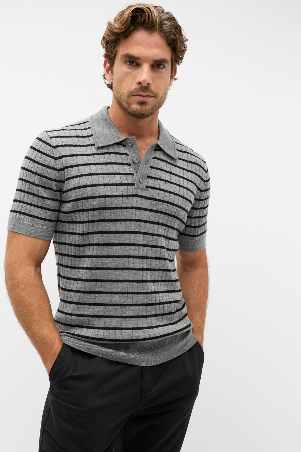 Merino Wool Polo  Black Stripe