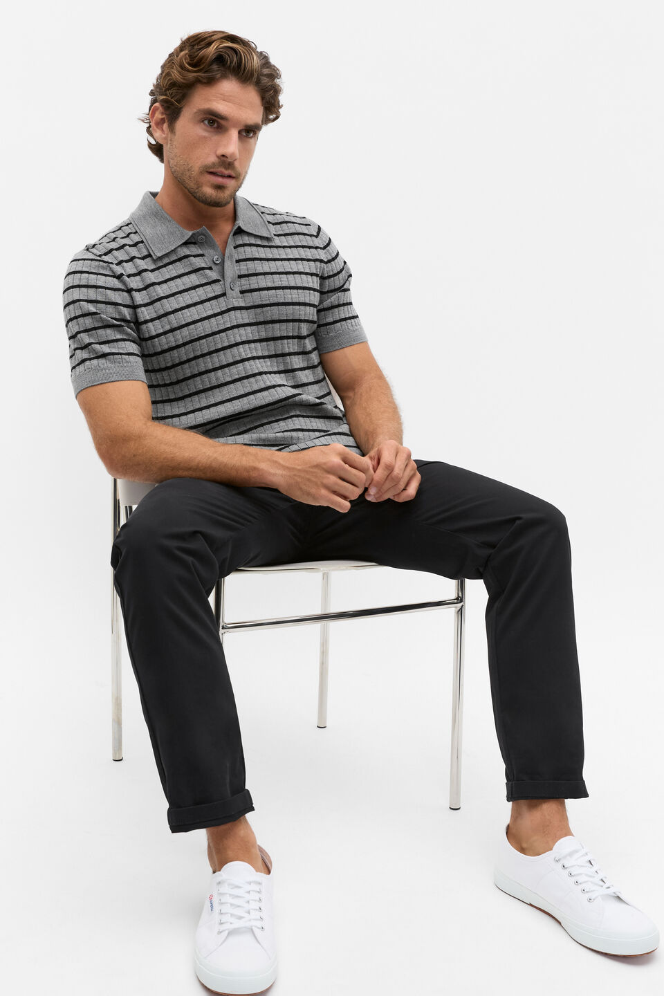 Merino Wool Polo  Black Stripe