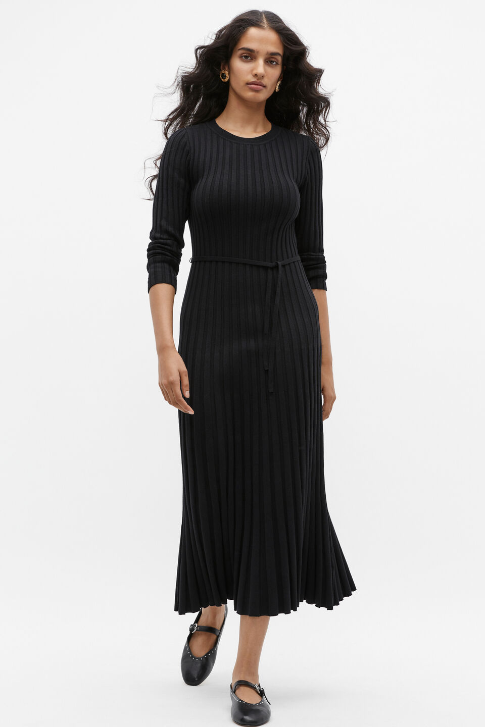 Pleated Knit Midi Dress  Black