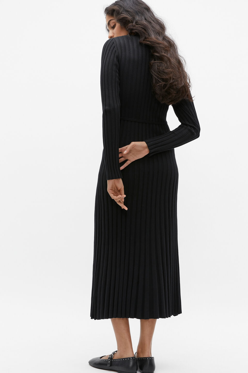Pleated Knit Midi Dress  Black