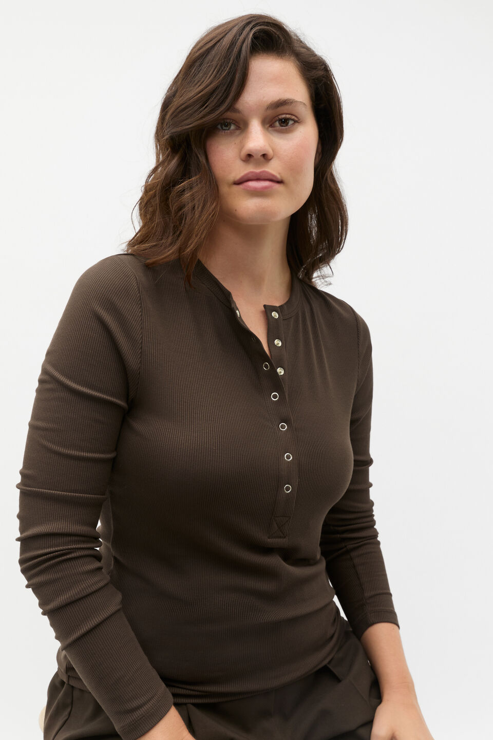 Core Rib Henley Top  Dark Espresso
