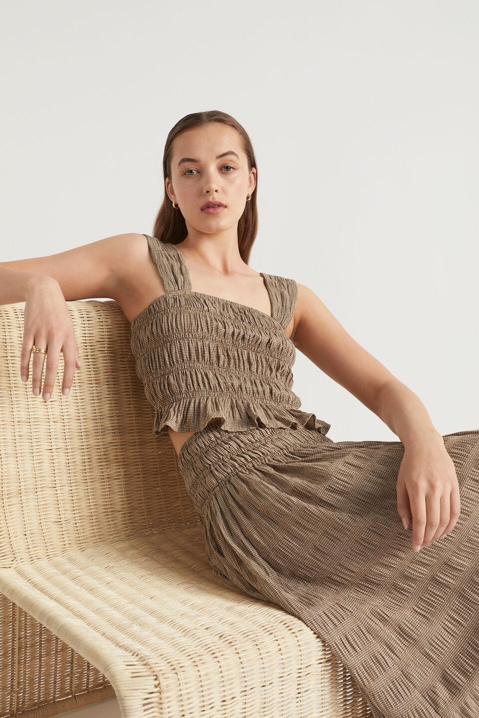 Textured Gingham Shirred Bodice  Pecan Brown Gingham