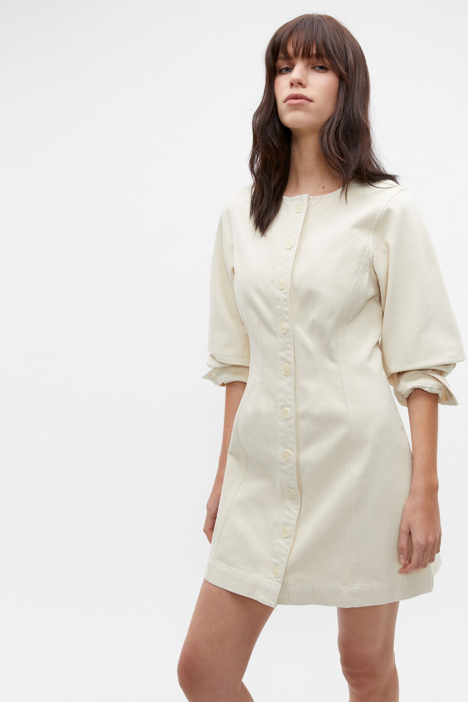 Denim Balloon Sleeve Mini Dress  Vanilla Cream