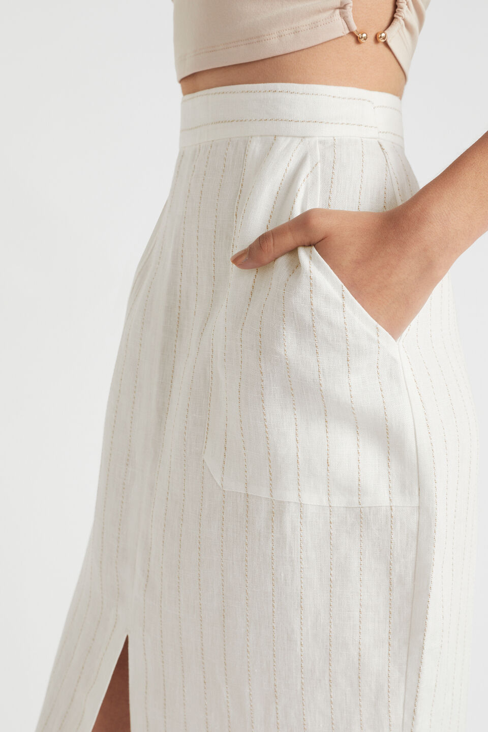 Linen Stripe Midi Skirt  Auburn Pinstripe