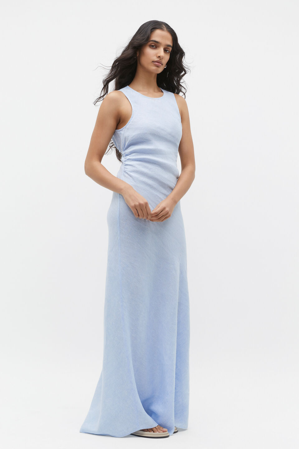 Linen Ruched Side Maxi Dress  Frost Blue Crossdye
