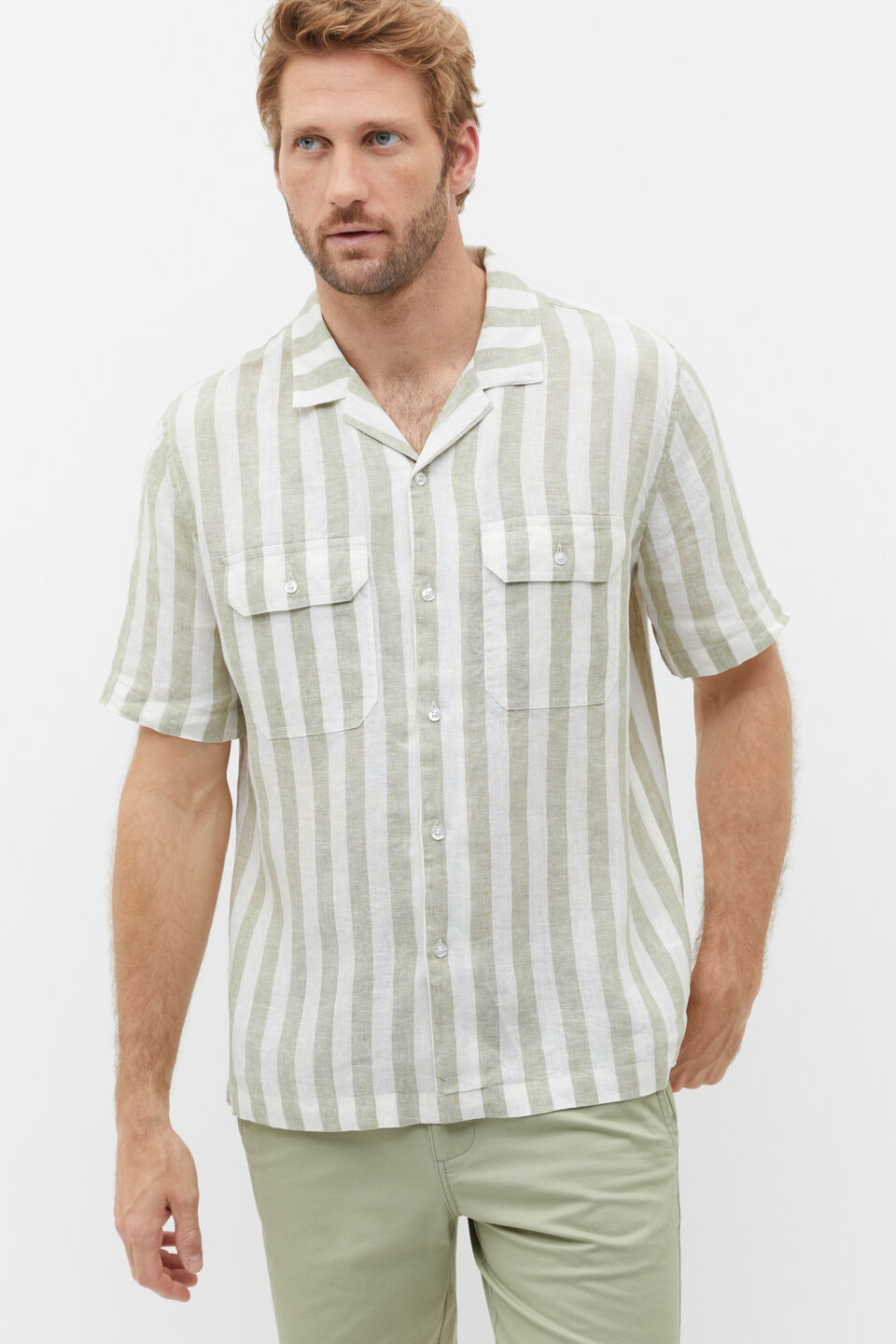 Linen Utility Shirt  Pale Olive Stripe