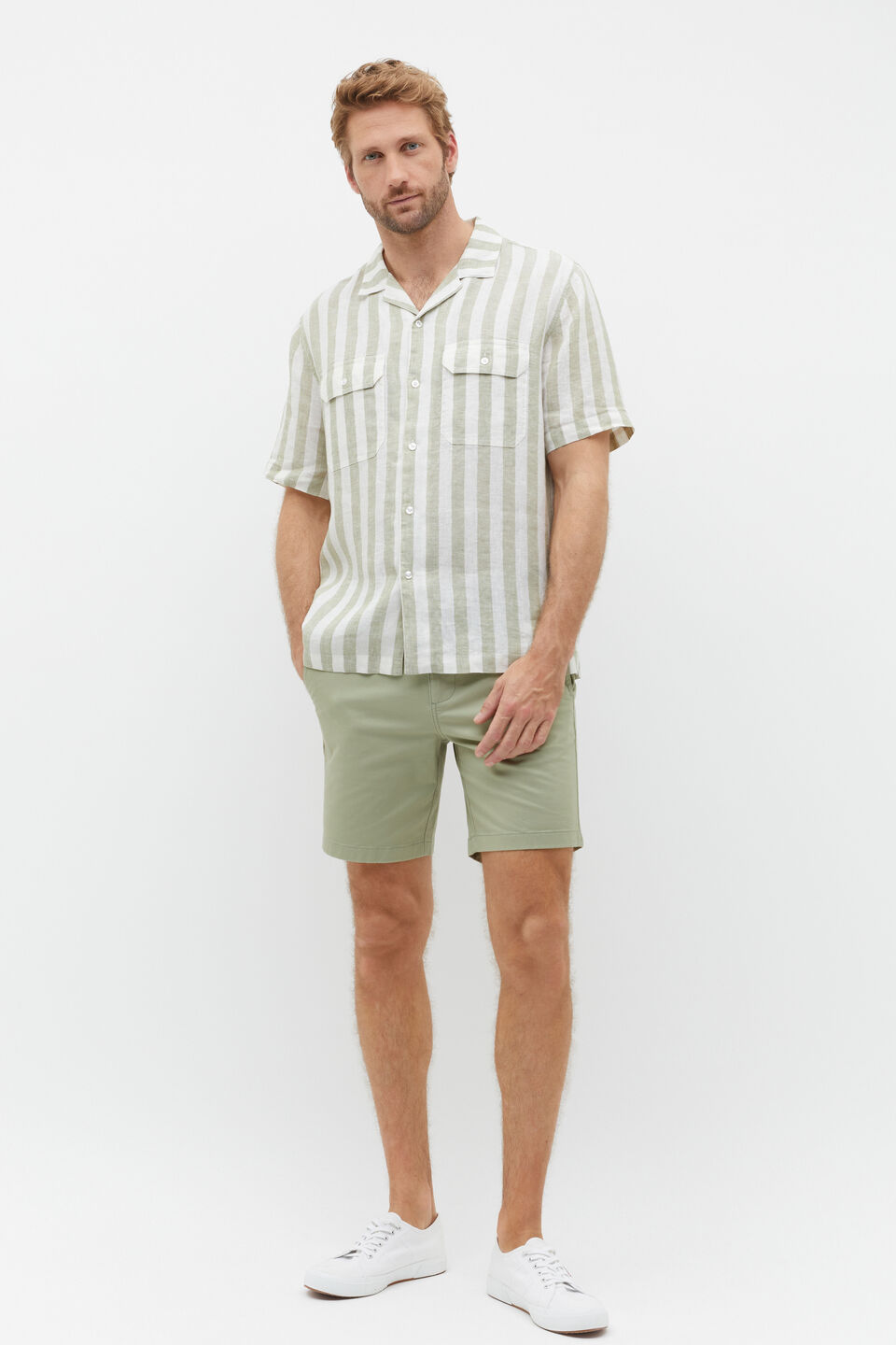 Linen Utility Shirt  Pale Olive Stripe