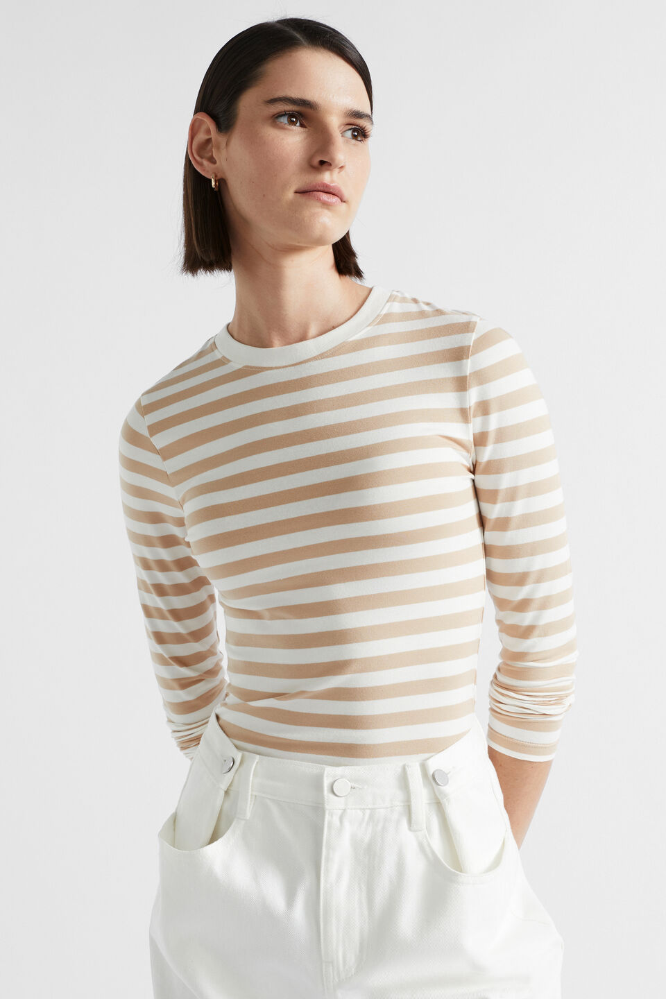 Stripe Long Sleeve Top  Champagne Beige Stripe