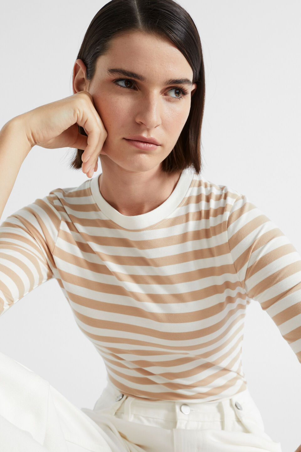 Stripe Long Sleeve Top  Champagne Beige Stripe