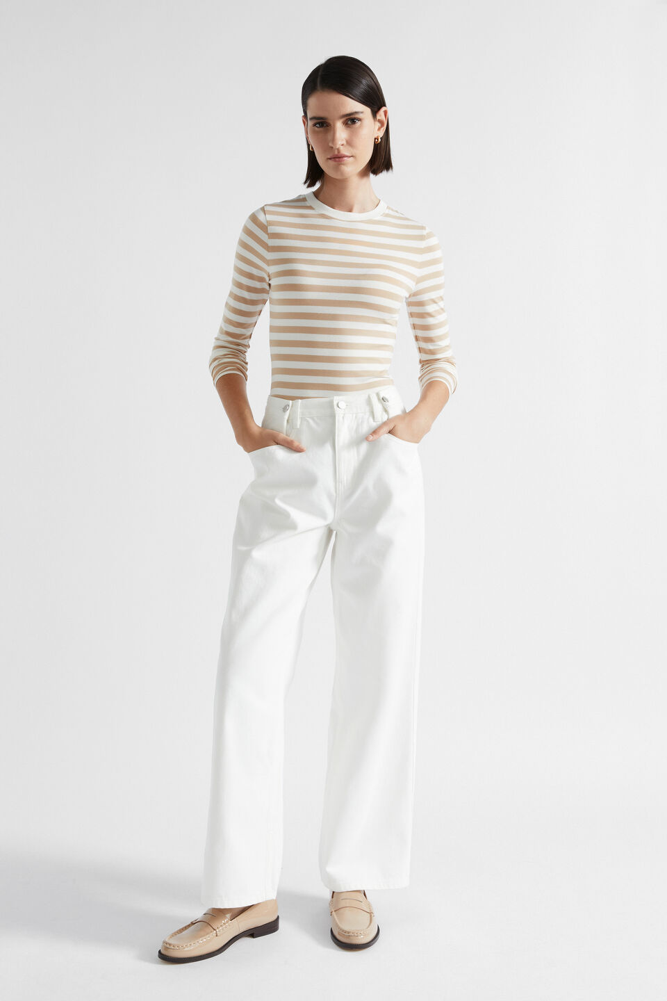Stripe Long Sleeve Top  Champagne Beige Stripe