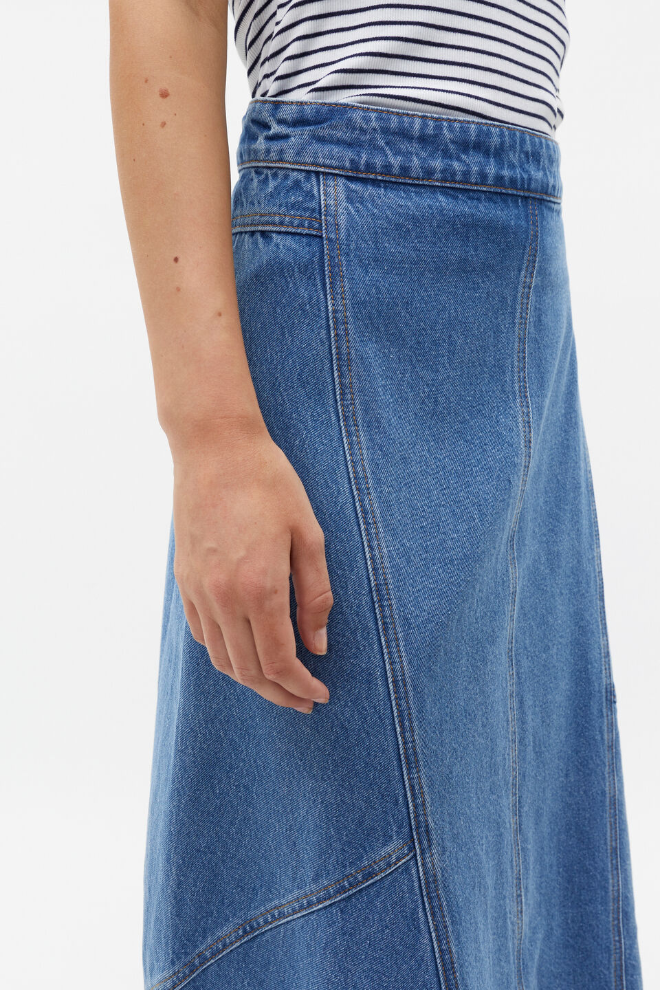 Denim Flare Midi Panel Skirt  Sea Blue Wash