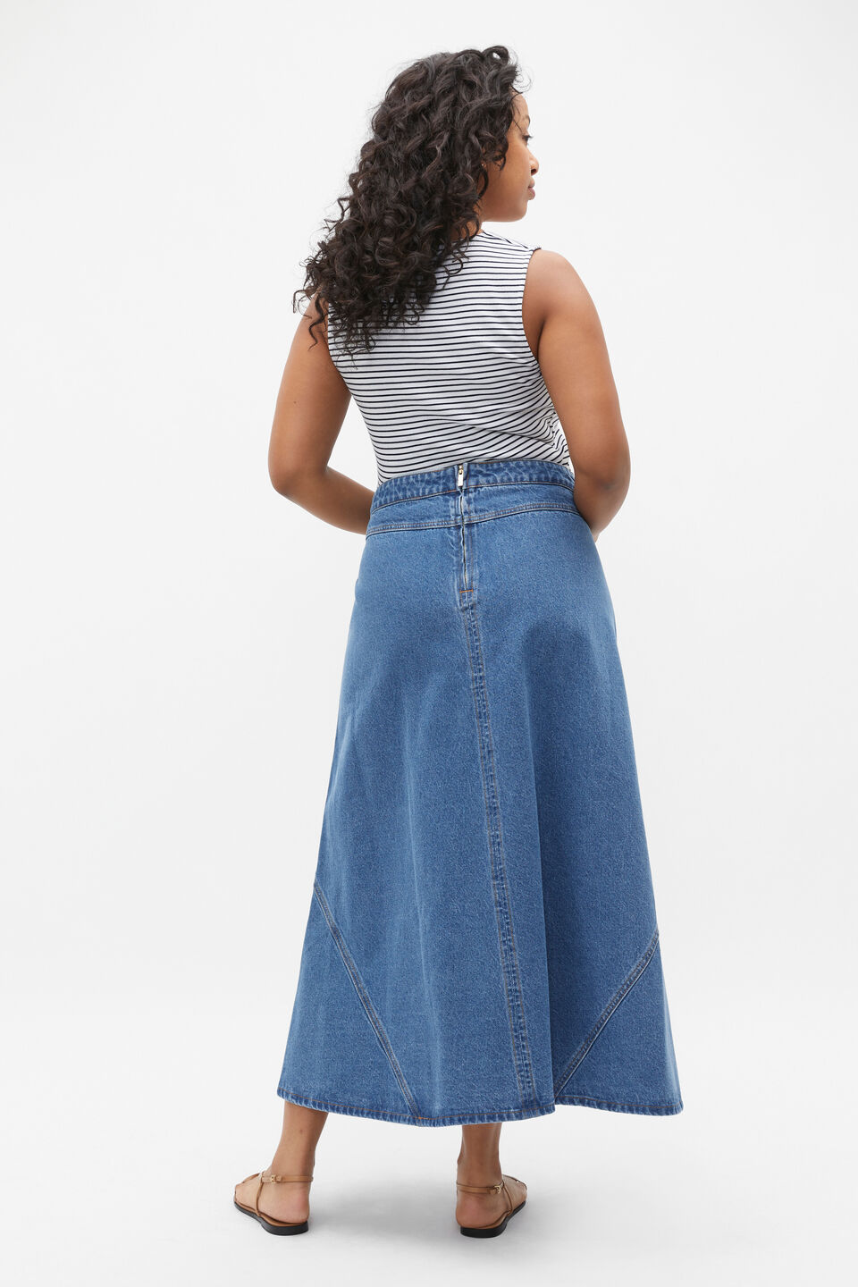 Denim Flare Midi Panel Skirt  Sea Blue Wash
