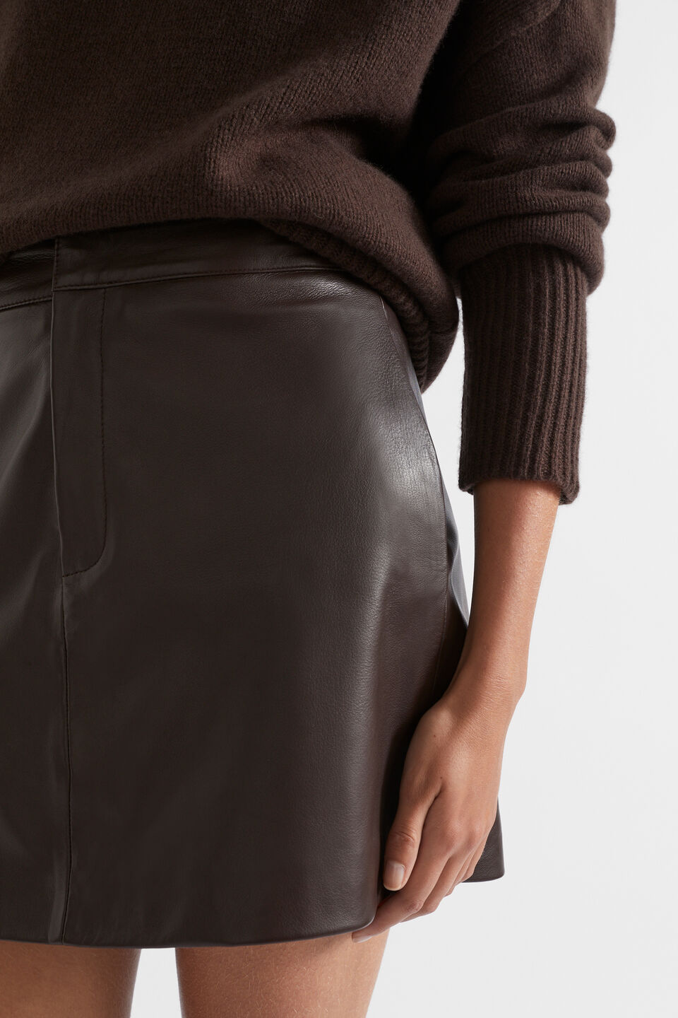 Leather Fly Front Mini Skirt  Dark Espresso