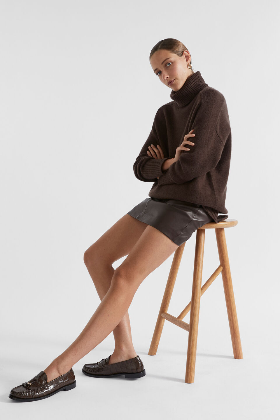 Leather Fly Front Mini Skirt  Dark Espresso