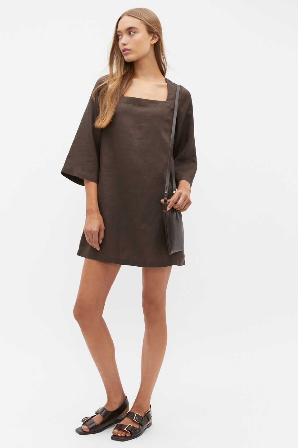 Linen Square Neck Mini Dress  Dark Espresso
