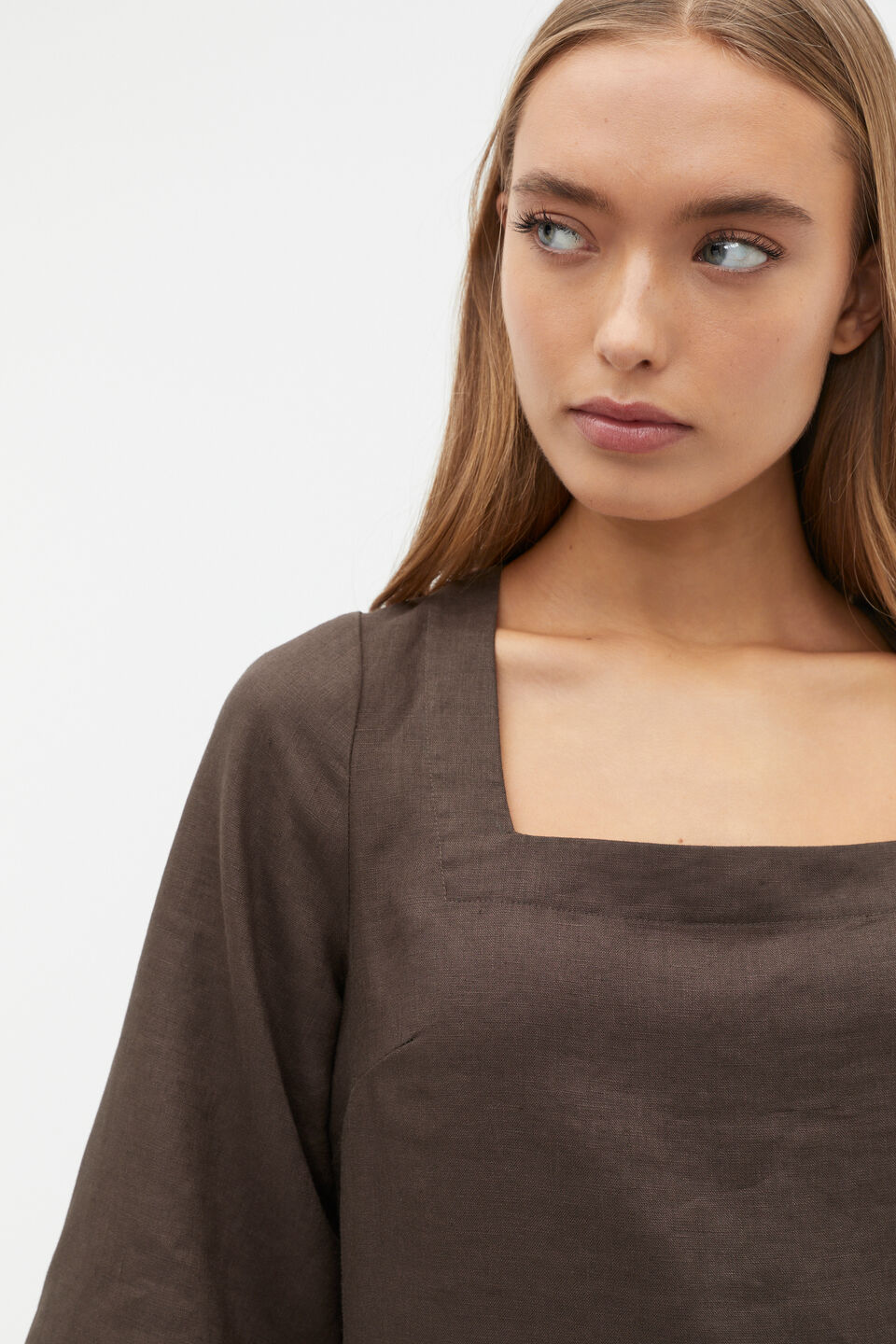 Linen Square Neck Mini Dress  Dark Espresso