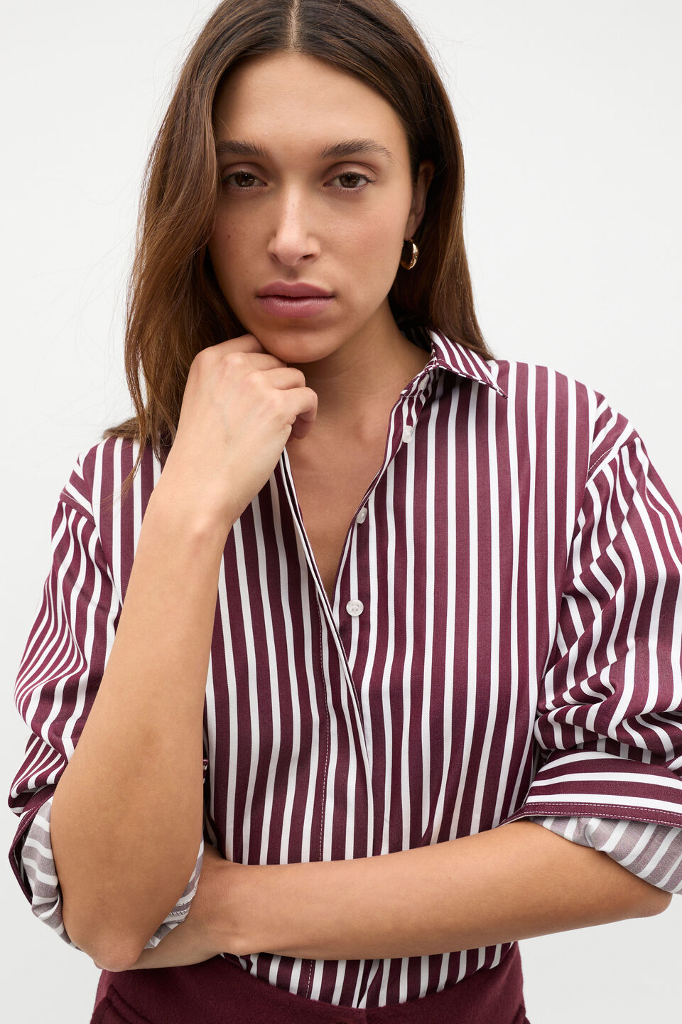 Cotton Stripe Shirt  Plum Red Stripe