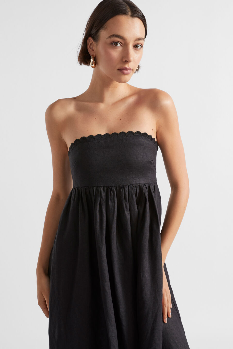 Linen Scallop Midi Dress  Black