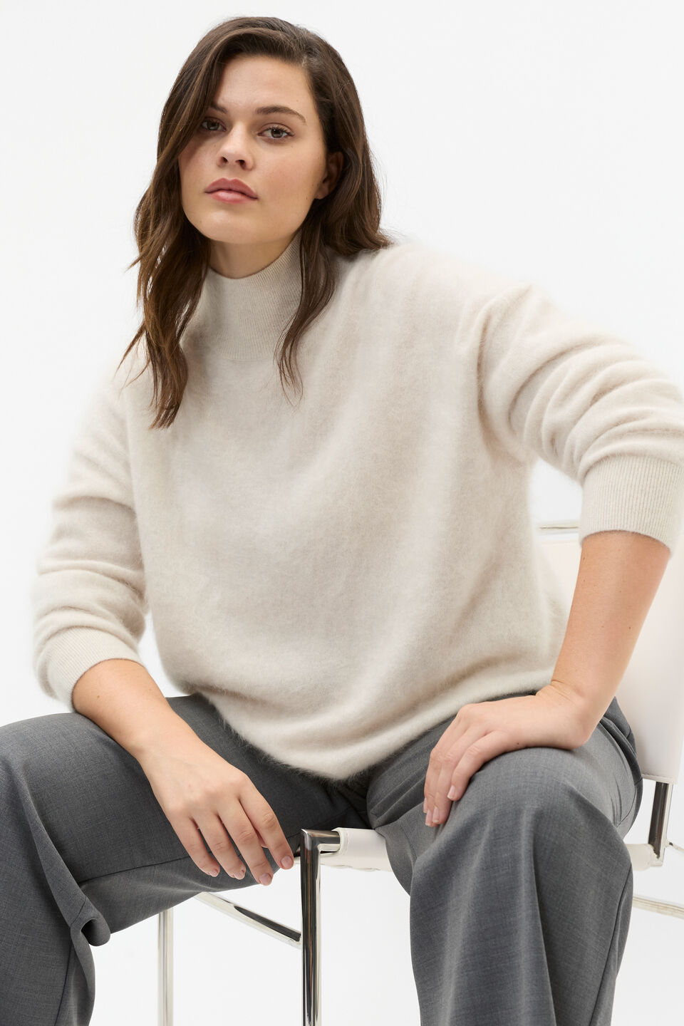 Brushed Cashmere Roll Neck Knit  Oat Marle