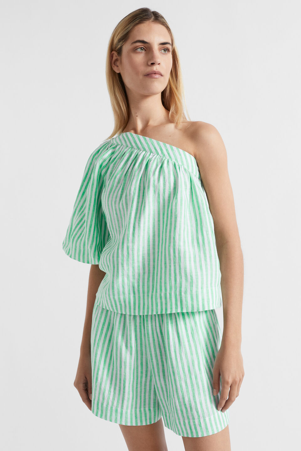 Linen One Shoulder Top  Key Lime Stripe