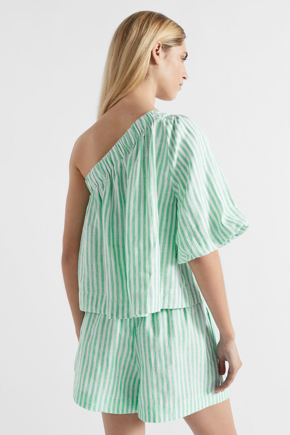 Linen One Shoulder Top  Key Lime Stripe