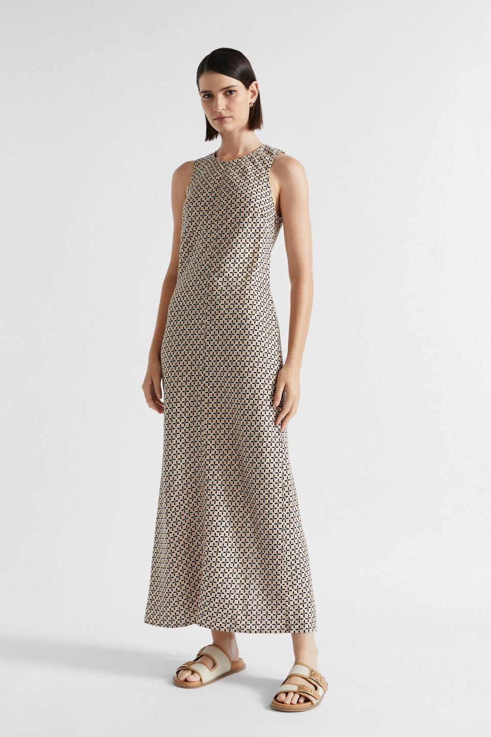 Linen Geo Midi Dress  Champagne Geo