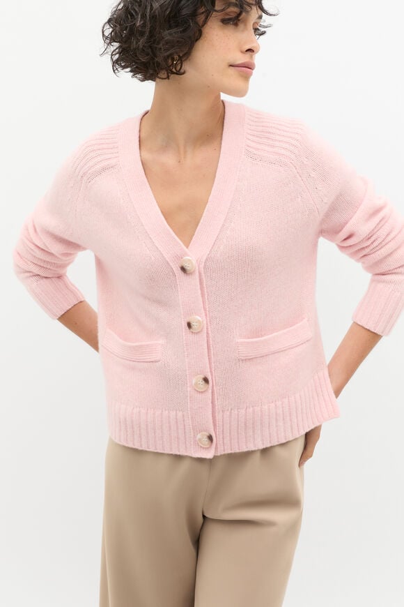 Merino Wool V Neck Pocket Cardigan  Rose Petal Marle  hi-res