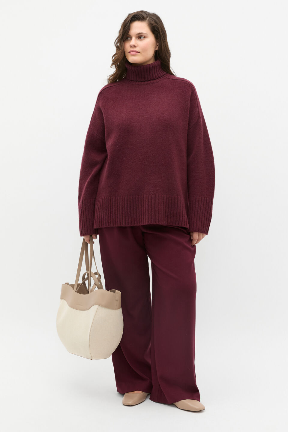 Merino Wool Roll Neck Side Split Knit  Plum Red