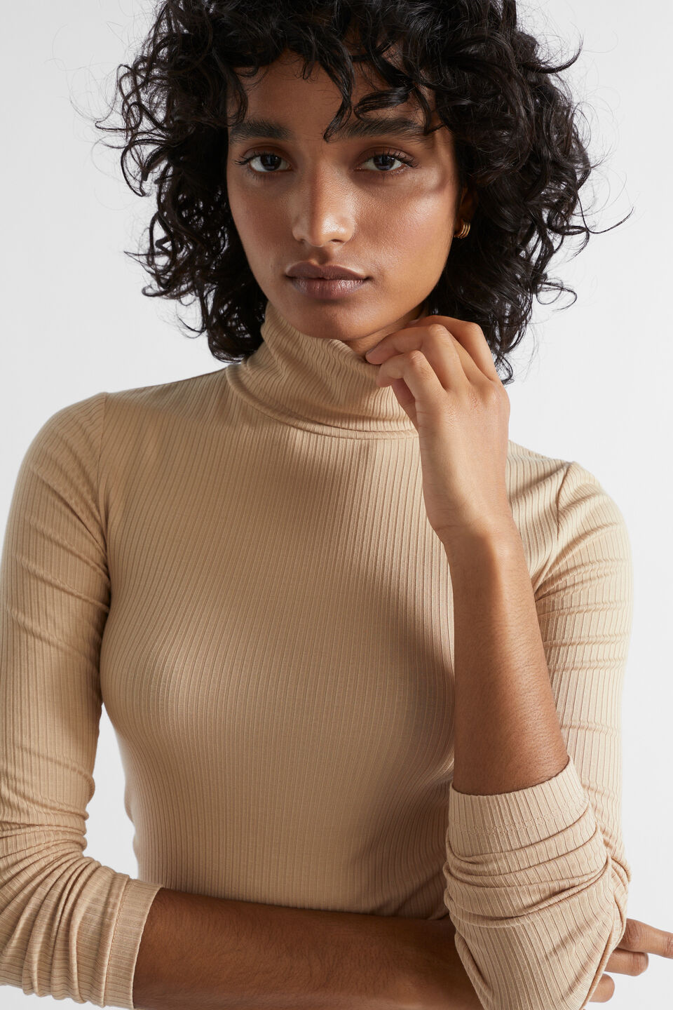 Core Rib Roll Neck Top  Champagne Beige