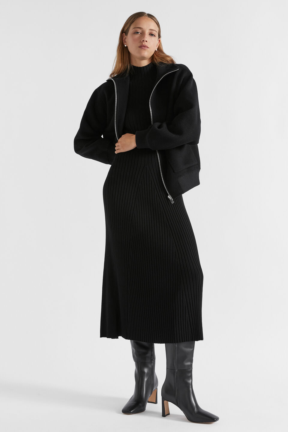 Rib Knit High Neck Dress  Black