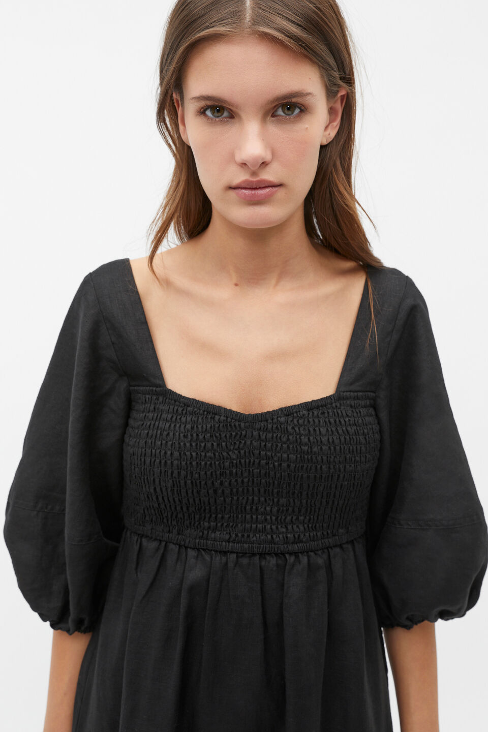 Linen Puff Sleeve Sun Dress  Black