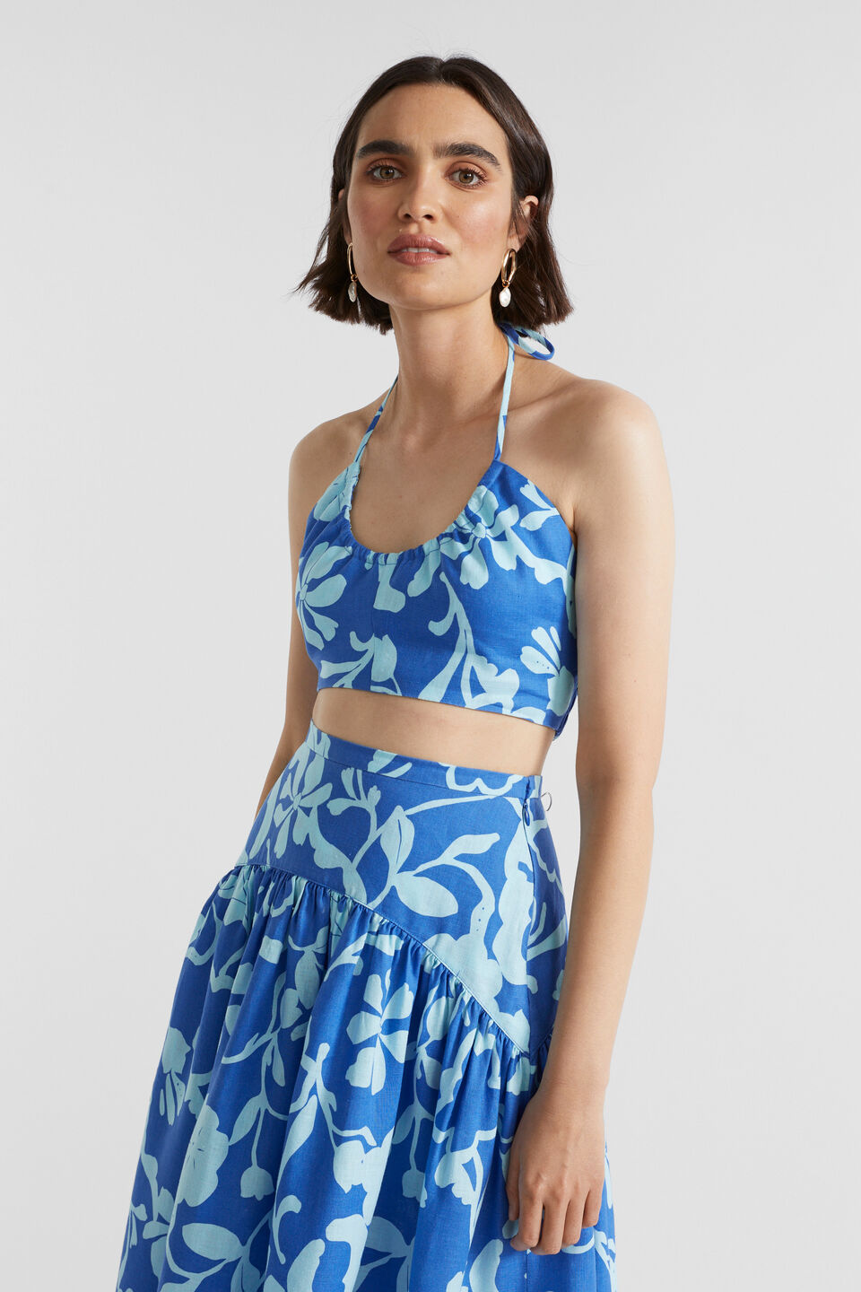 Linen Floral Halter Crop  Deep Ocean Floral