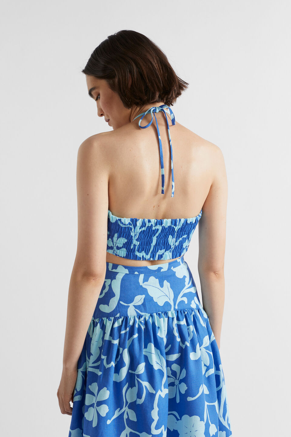 Linen Floral Halter Crop  Deep Ocean Floral
