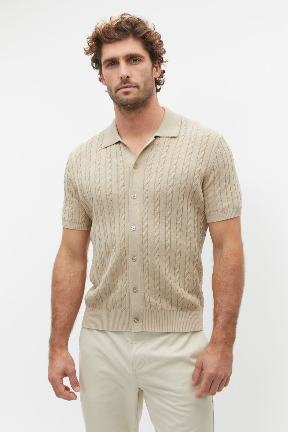 Button Down Cable Knit  Sandshell