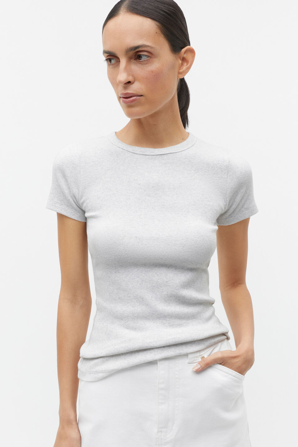 Australian Cotton Rib Tee  Light Grey Marle