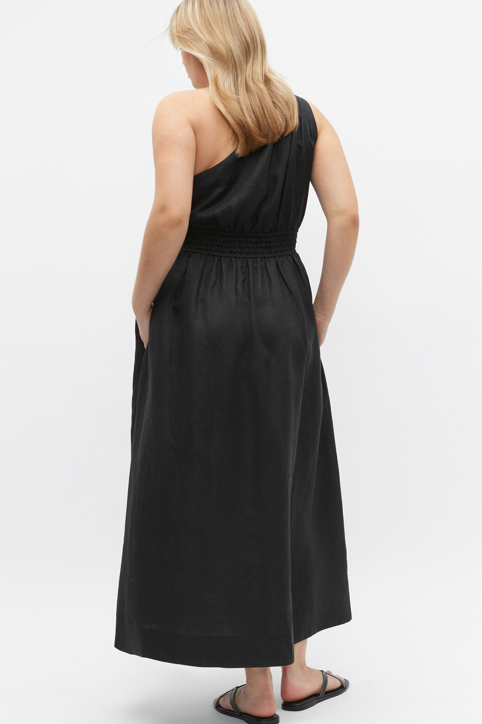 Linen One Shoulder Maxi Dress  Black