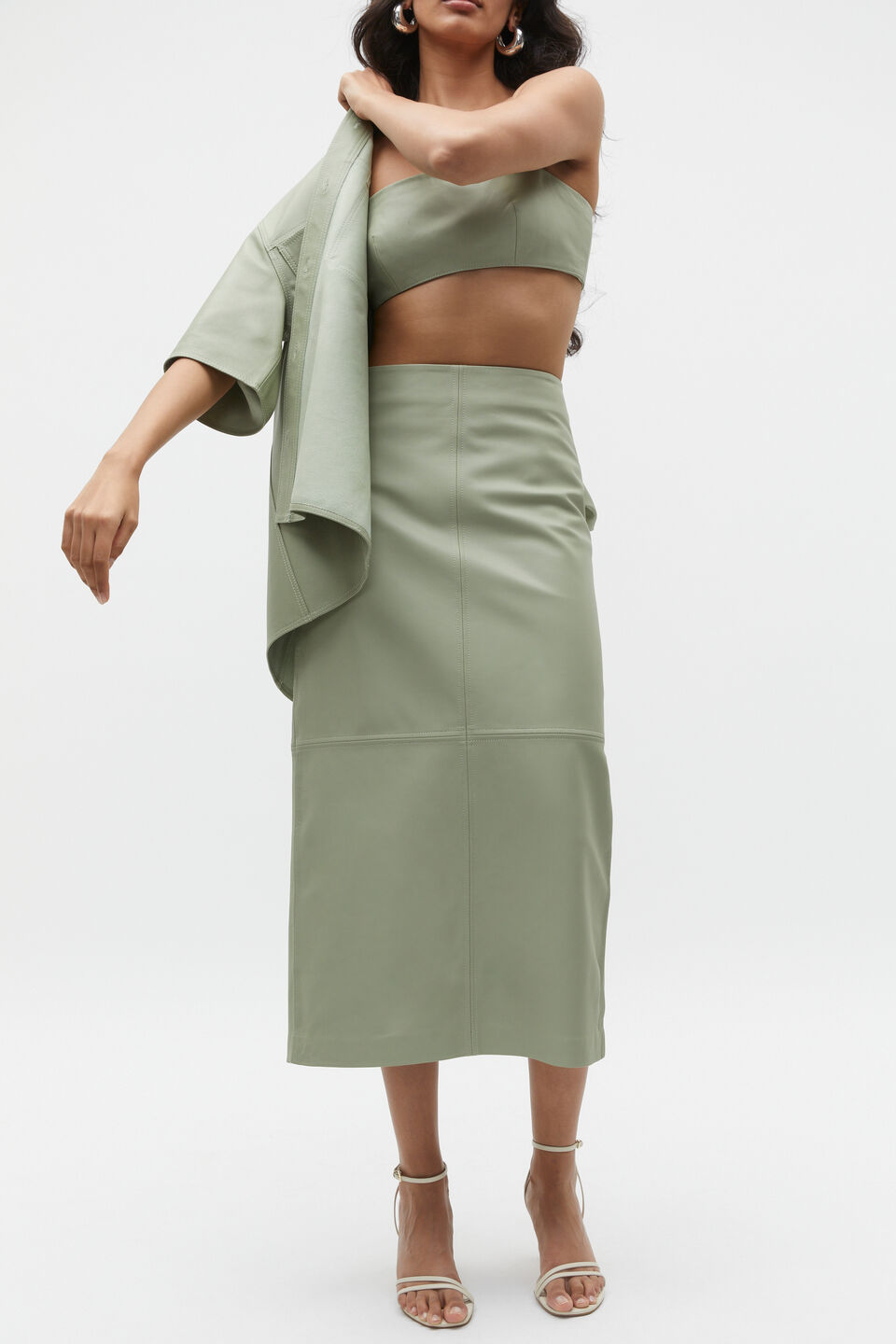 Leather Midi Panel Skirt  Pale Olive