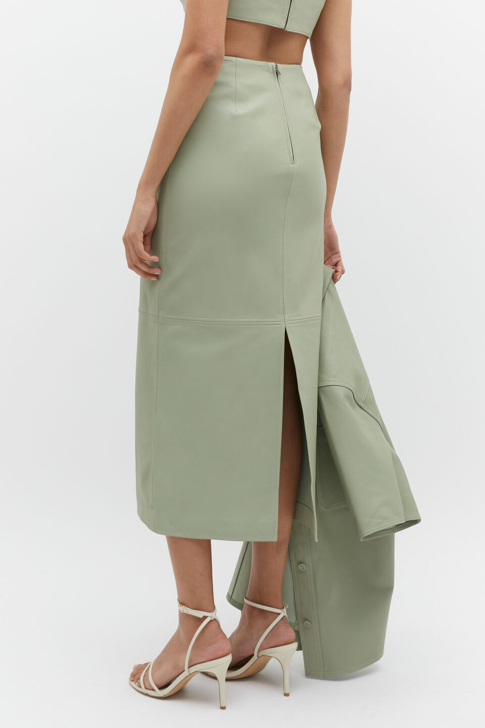 Leather Midi Panel Skirt  Pale Olive