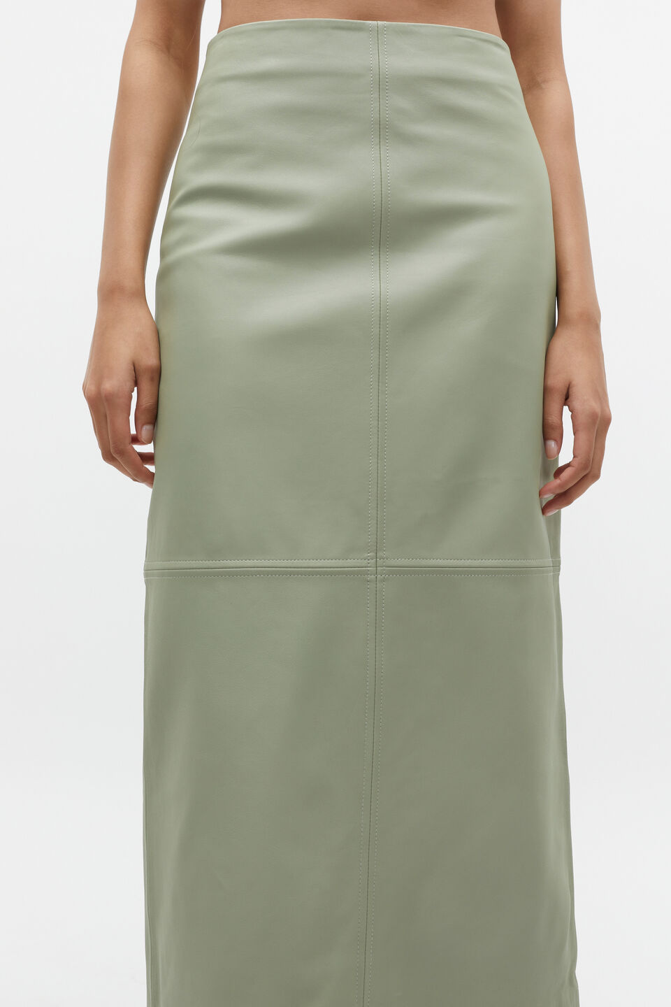 Leather Midi Panel Skirt  Pale Olive