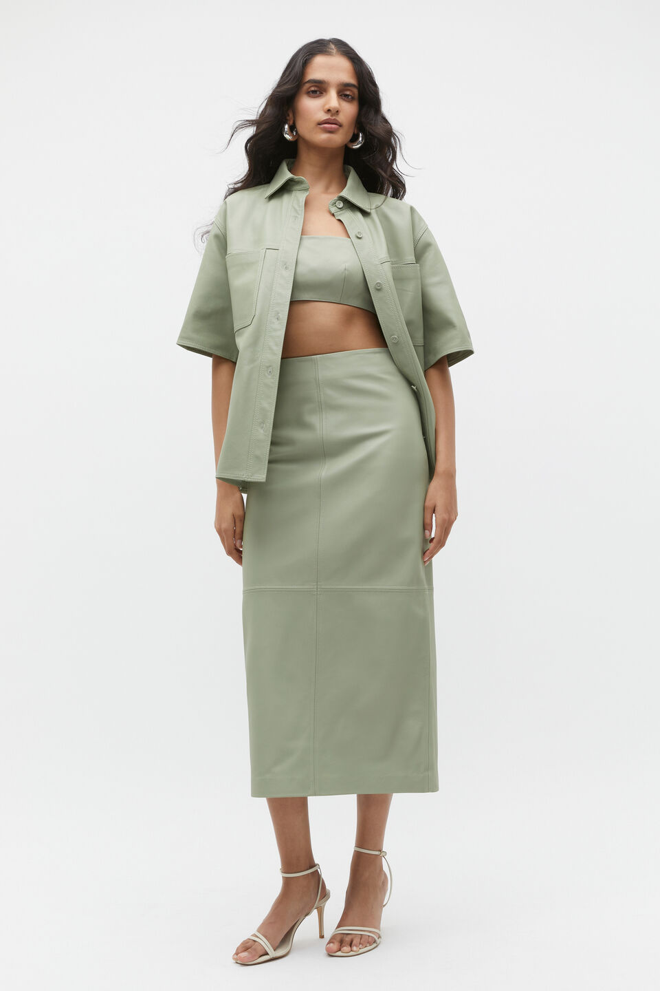 Leather Midi Panel Skirt  Pale Olive