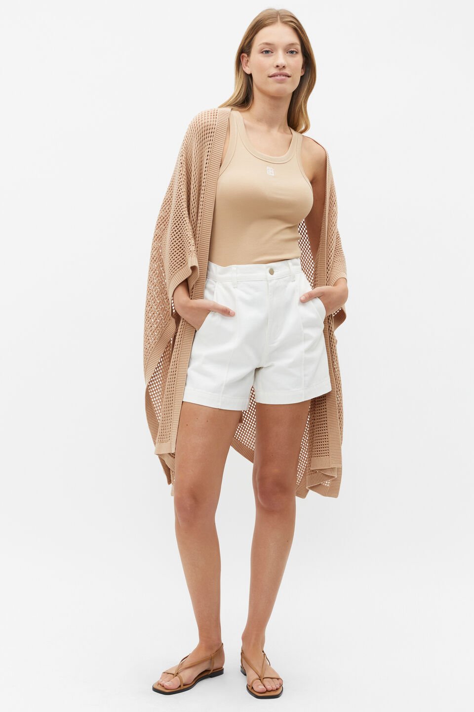 Open Crochet Knit Poncho  Nougat
