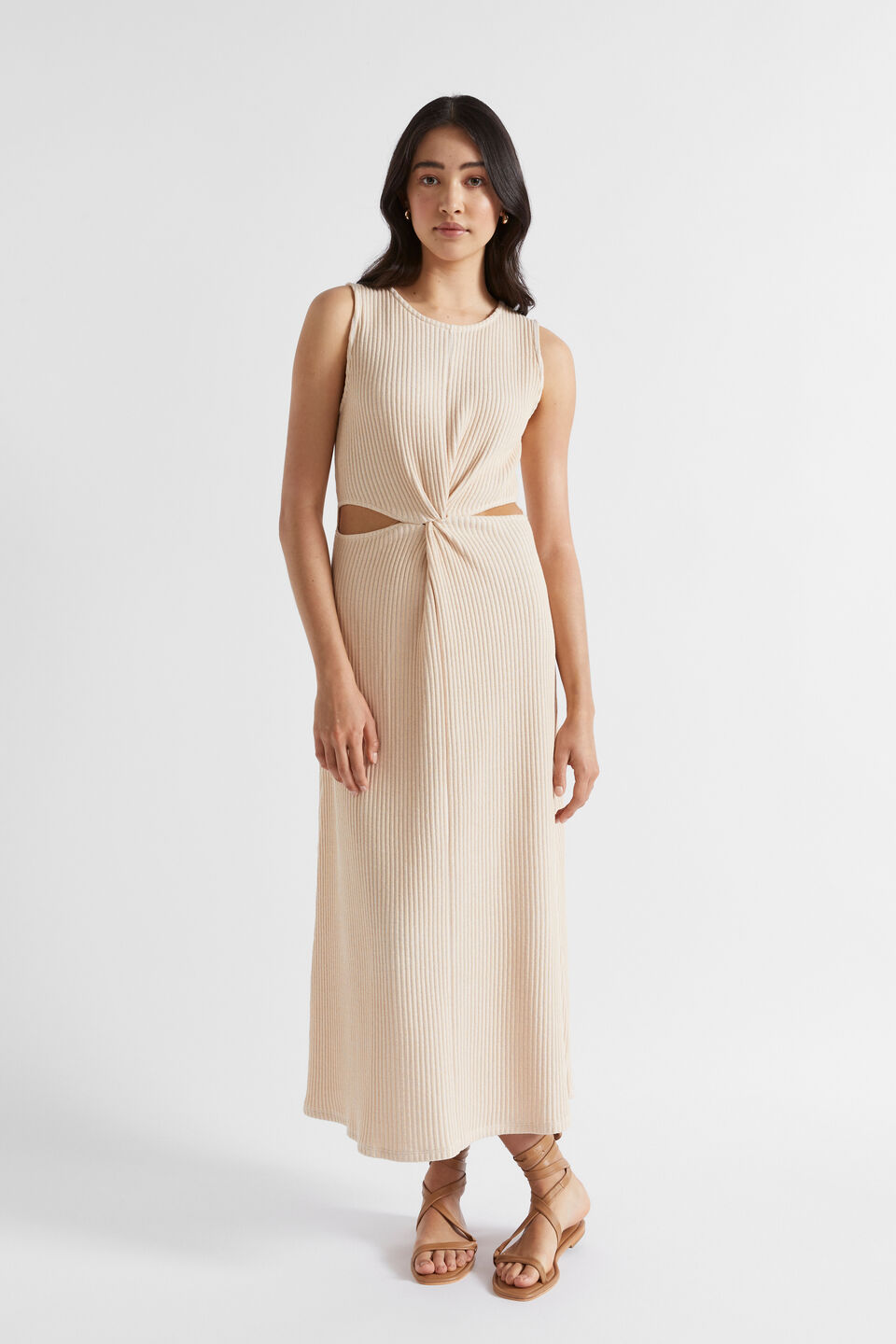 Two Tone Rib Twist Dress  Soft Wheat
