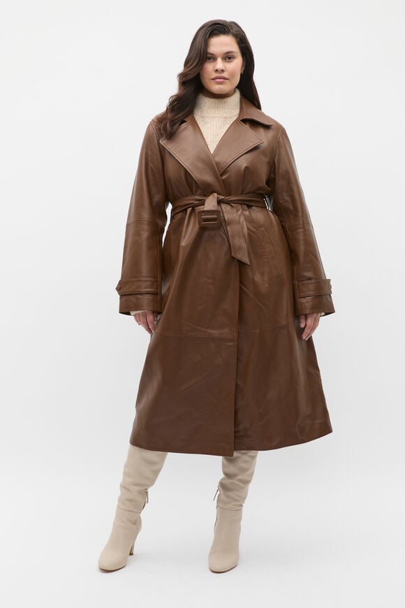 Leather Belted Trench Coat  Maple  hi-res