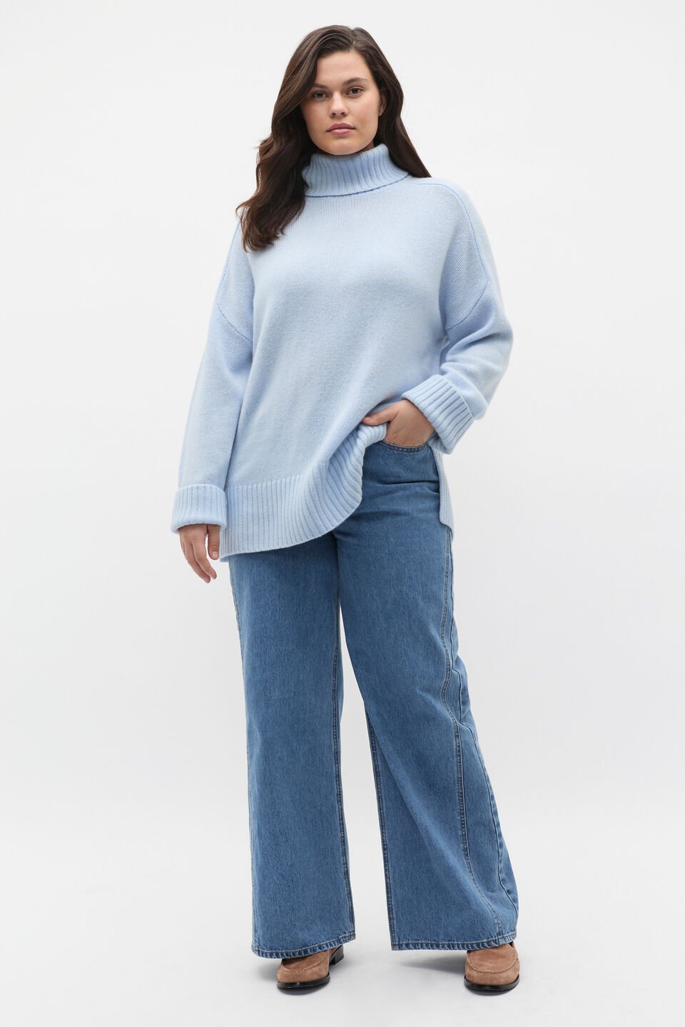 Merino Wool Roll Neck Side Split Knit  Ice Blue