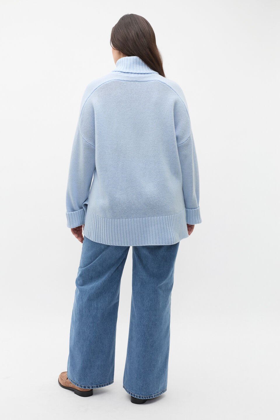 Merino Wool Roll Neck Side Split Knit  Ice Blue