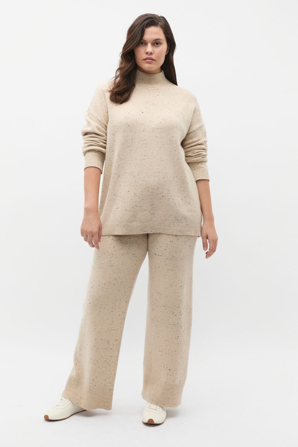 Fleck Mock Neck Slouch Knit  Latte Fleck