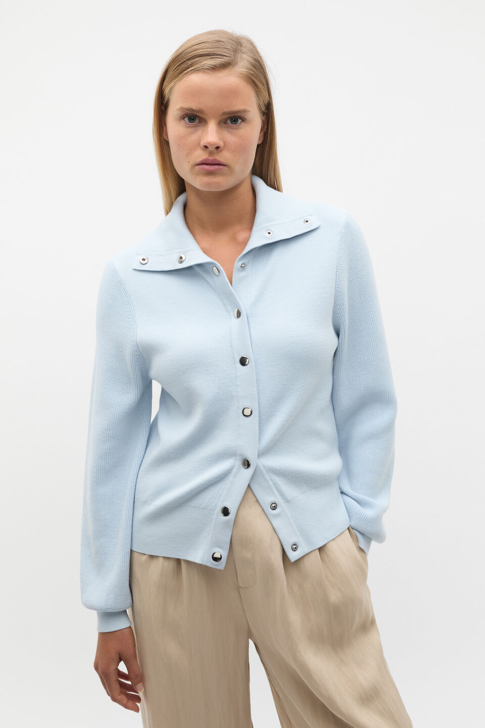 Double Knit High Neck Button Through  Ice Blue