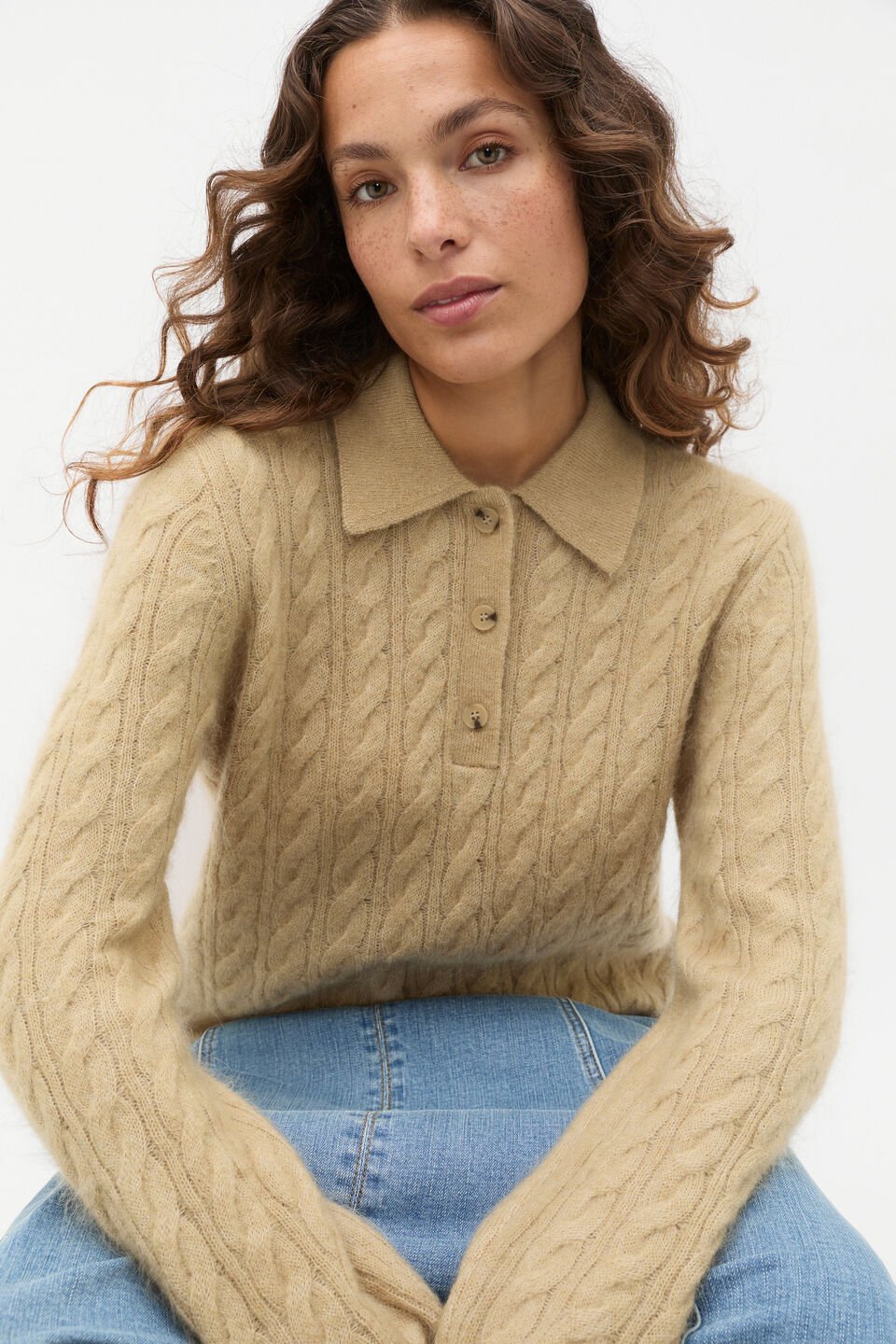 Cable Detail Knit Polo  Cashew Marle