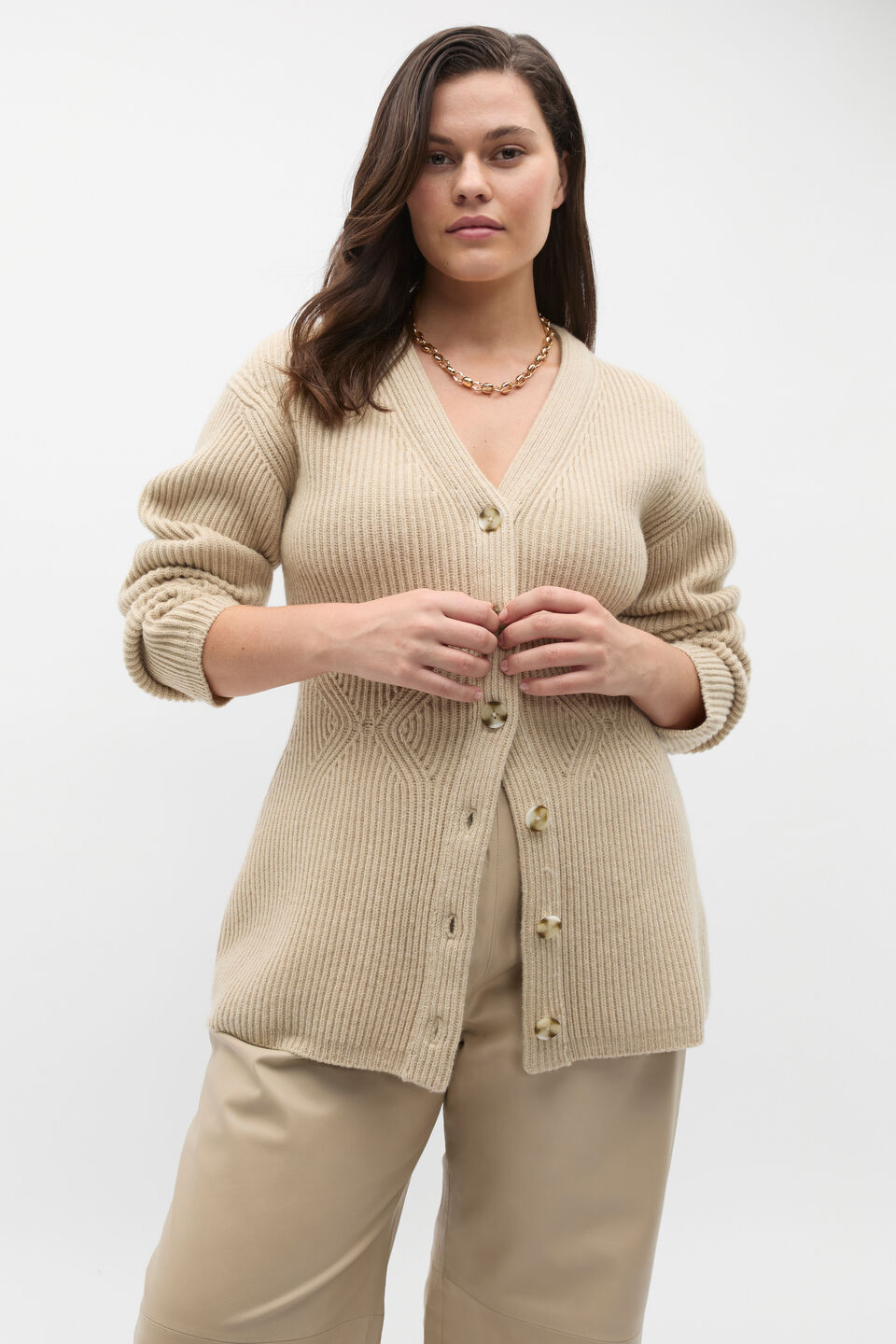 Structured Rib Button Cardigan  Latte Marle